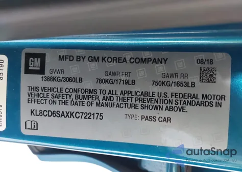 2019 Chevrolet Spark 1Lt Cvt z USA, uszkodzony, nr VIN KL8CD6SAXKC722175